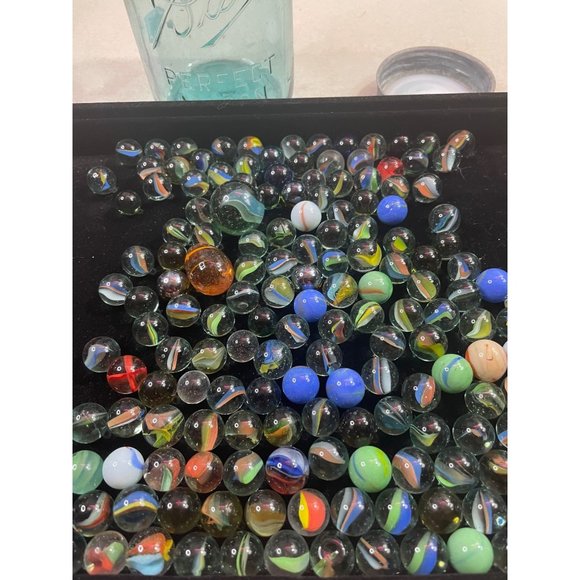 Vintage Ball Mason Jar Blue Full of Old Glass Marbles - Picture 5 of 7